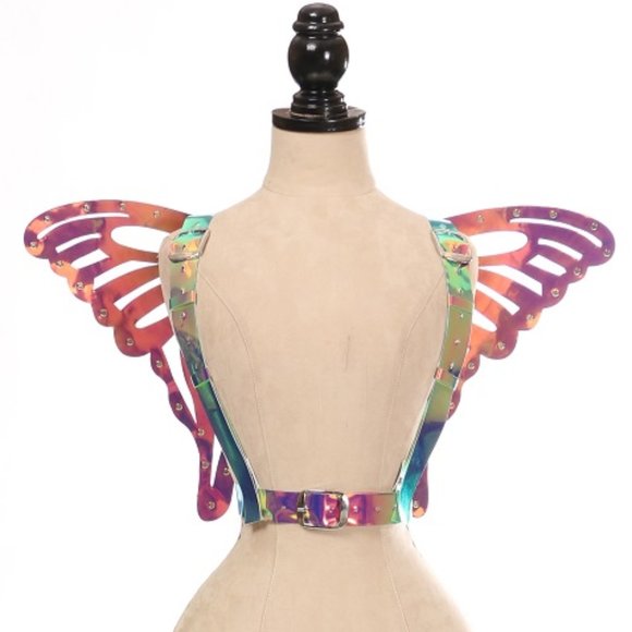 Black Faux Leather & Rainbow Holo Butterfly Wing Harness
